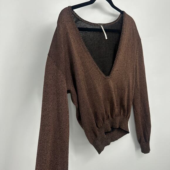 Free People linen long sleeve blouse size XS deep V shiny brown sexy going out - Picture 3 of 9